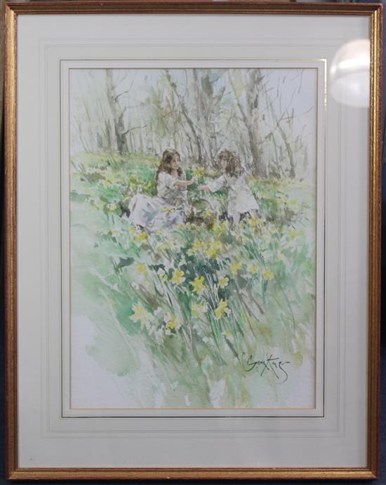 Gordon King (b.1939) Gathering daffodils, 20 x 14.5in.